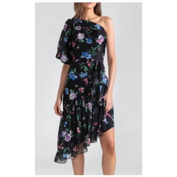 Shoshanna Dress Gia One Shoulder Neck Short Sleeves Side Zip Size 4 Black - Picture 1 of 10